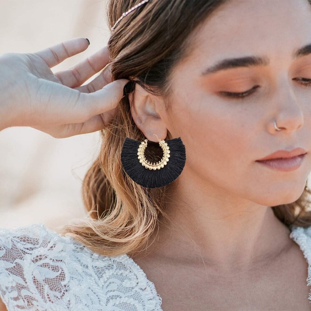 Tassel Hoop Earring Statement Thread Dangle Earri… - image 2